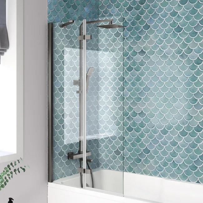 Antigua 1500x750 Keyhole Shower Bath & 6mm Easy Clean Brushed Gunmetal Folding Bath Screen