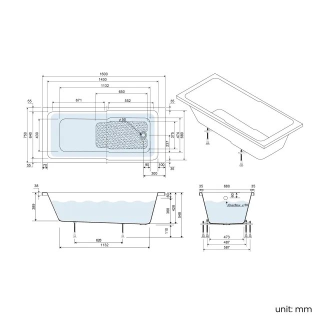 Antigua 1600x750 Keyhole Shower Bath & Premium 8mm Easy Clean Chrome Framed Bath Screen
