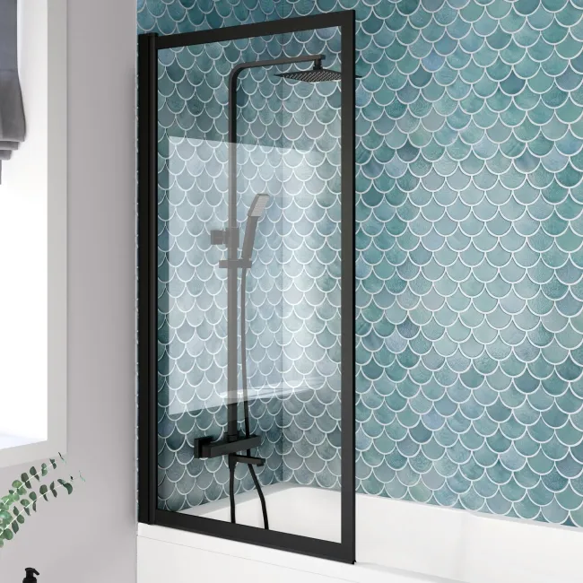 Antigua 1600x750 Keyhole Shower Bath & Premium 8mm Easy Clean Matt Black Framed Bath Screen