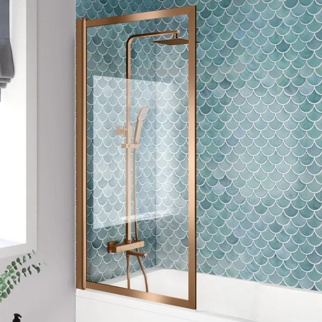 Antigua 1600x750 Keyhole Shower Bath & Premium 8mm Easy Clean Brushed Copper Framed Bath Screen