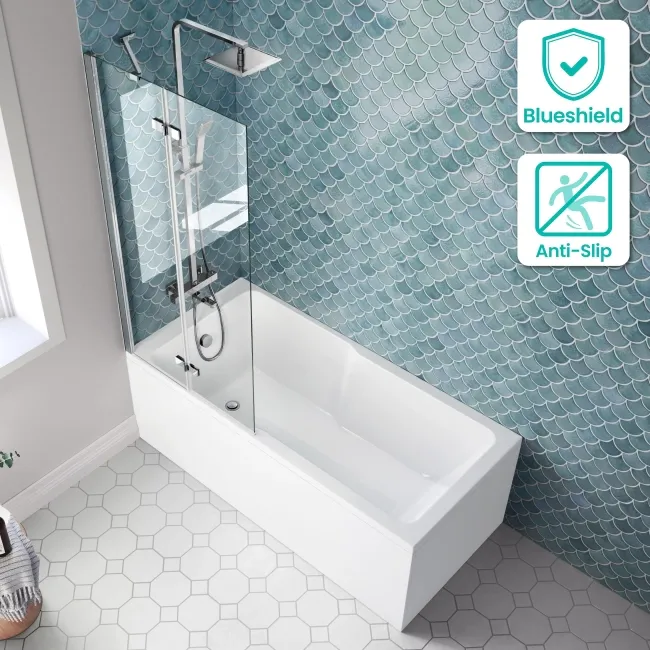Antigua 1600x750 Keyhole Shower Bath & 6mm Easy Clean Chrome Folding Bath Screen