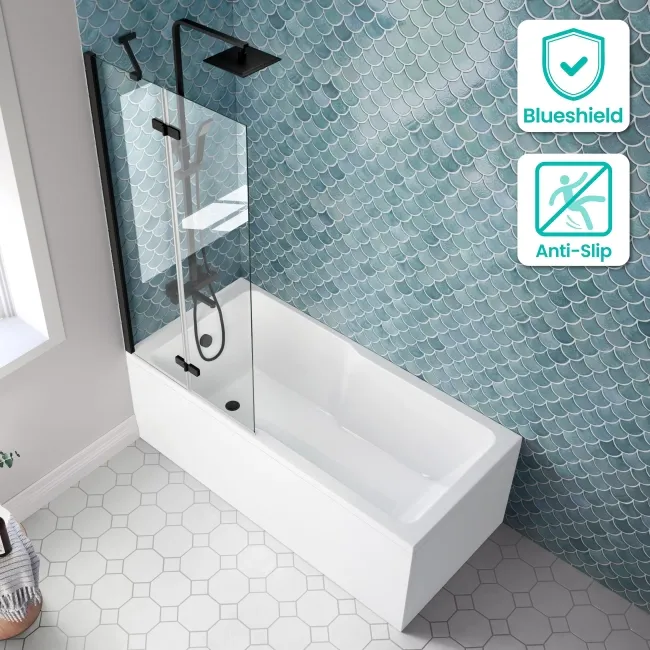 Antigua 1600x750 Keyhole Shower Bath & 6mm Easy Clean Matt Black Folding Bath Screen