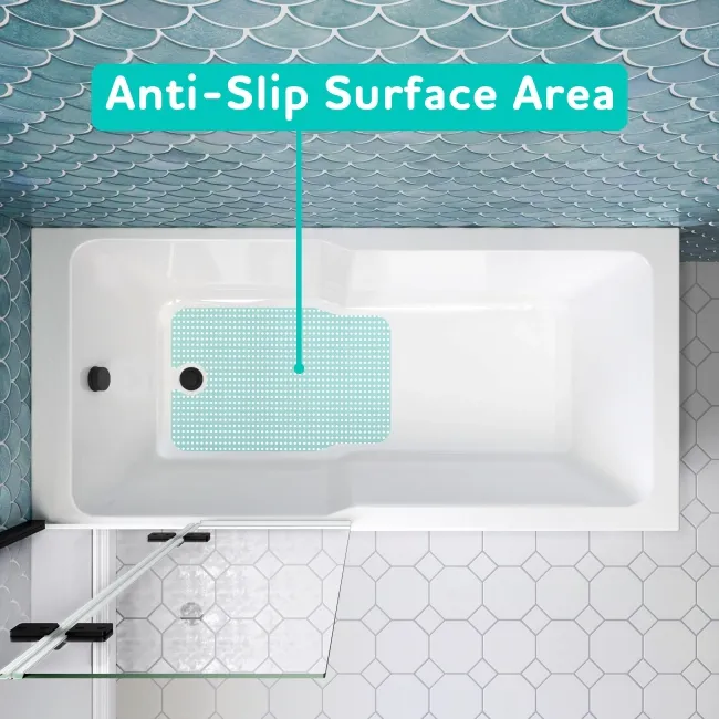 Antigua 1600x750 Keyhole Shower Bath & 6mm Easy Clean Matt Black Folding Bath Screen
