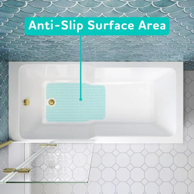 Antigua 1600x750 Keyhole Shower Bath & 6mm Easy Clean Brushed Brass Folding Bath Screen