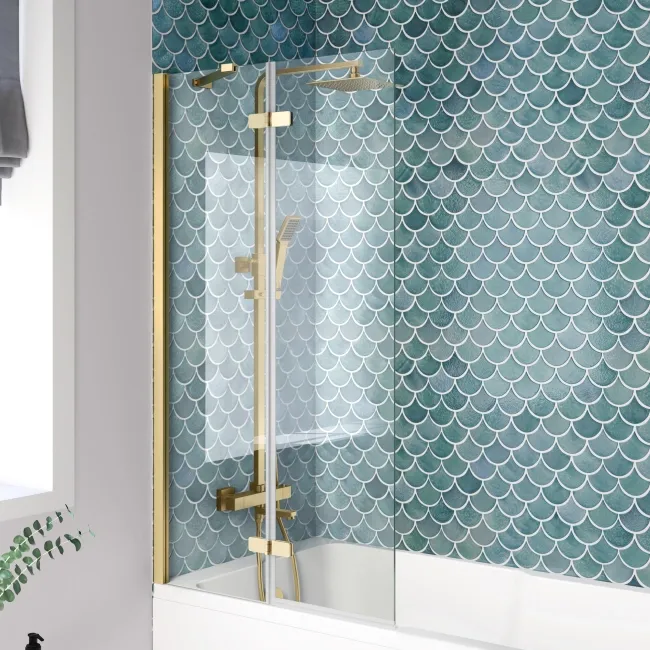 Antigua 1600x750 Keyhole Shower Bath & 6mm Easy Clean Brushed Brass Folding Bath Screen