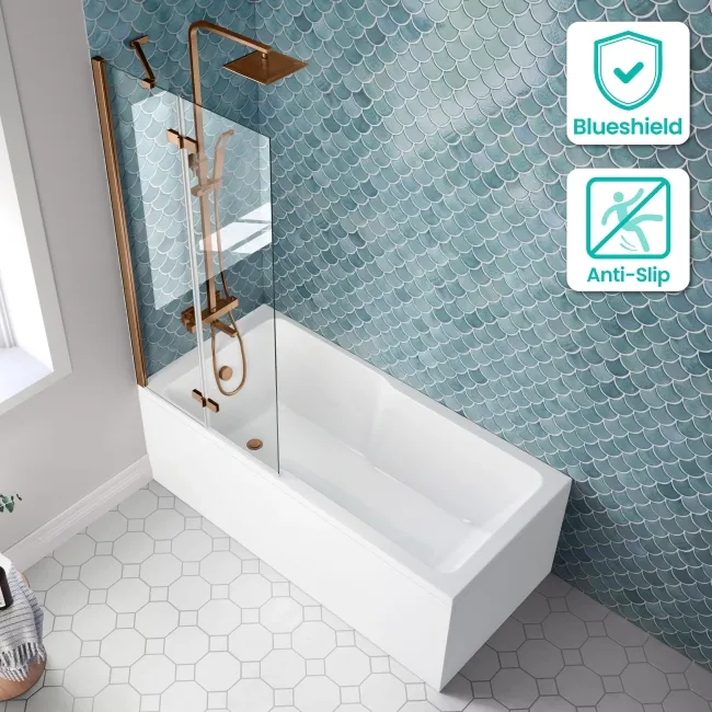 Antigua 1600x750 Keyhole Shower Bath & 6mm Easy Clean Brushed Copper Folding Bath Screen
