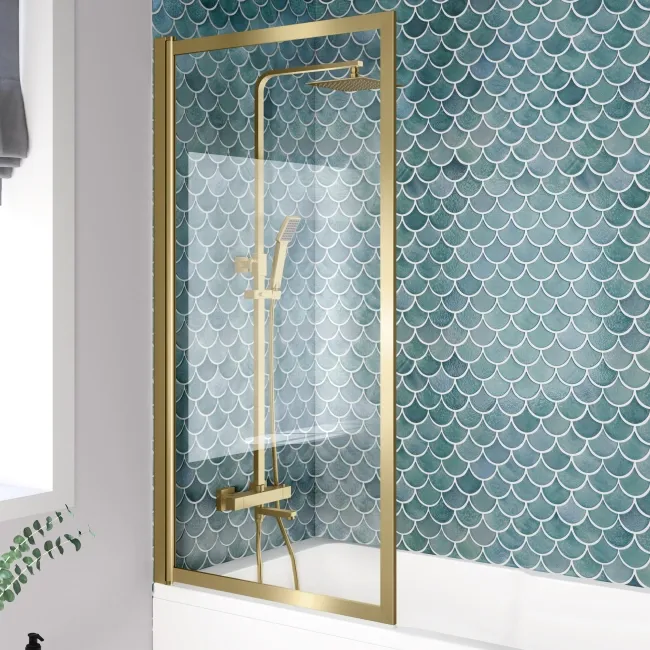 Antigua 1700x750 Keyhole Shower Bath & Premium 8mm Easy Clean Brushed Brass Framed Bath Screen