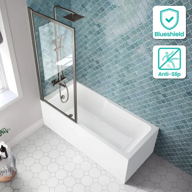 Antigua 1700x750 Keyhole Shower Bath & Premium 8mm Easy Clean Brushed Gunmetal Framed Bath Screen