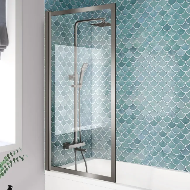 Antigua 1700x750 Keyhole Shower Bath & Premium 8mm Easy Clean Brushed Gunmetal Framed Bath Screen