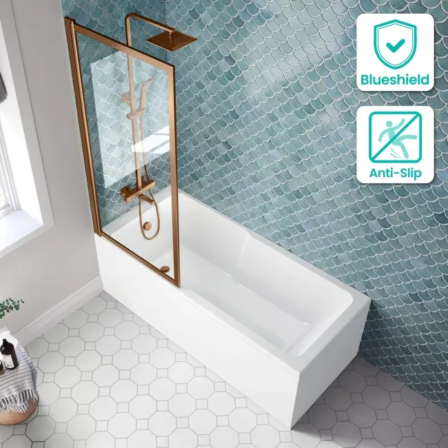 Antigua 1700x750 Keyhole Shower Bath & Premium 8mm Easy Clean Brushed Copper Framed Bath Screen