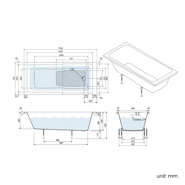 Antigua 1700x750 Keyhole Shower Bath & 6mm Easy Clean Chrome Folding Bath Screen
