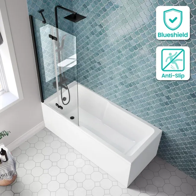 Antigua 1700x750 Keyhole Shower Bath & 6mm Easy Clean Matt Black Folding Bath Screen