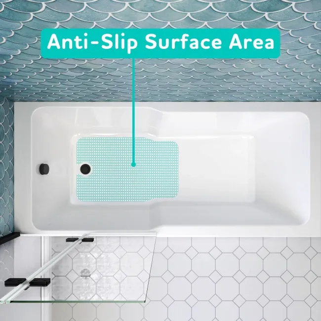 Antigua 1700x750 Keyhole Shower Bath & 6mm Easy Clean Matt Black Folding Bath Screen