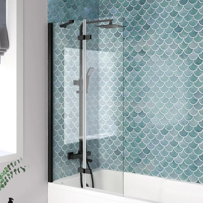 Antigua 1700x750 Keyhole Shower Bath & 6mm Easy Clean Matt Black Folding Bath Screen