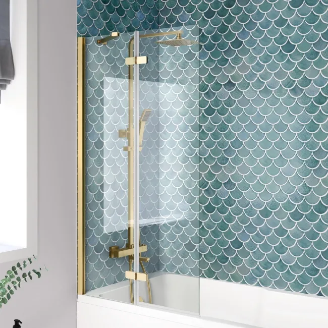 Antigua 1700x750 Keyhole Shower Bath & 6mm Easy Clean Brushed Brass Folding Bath Screen