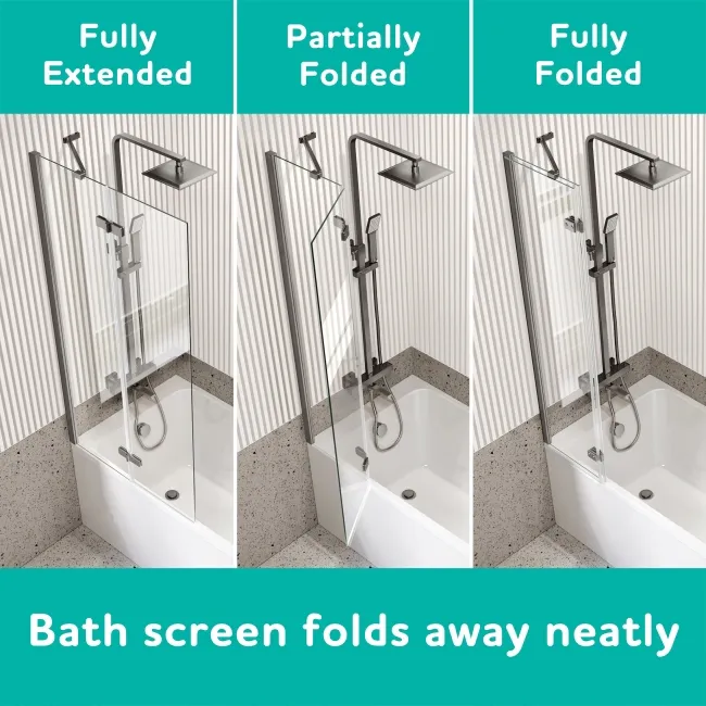 Antigua 1700x750 Keyhole Shower Bath & 6mm Easy Clean Brushed Gunmetal Folding Bath Screen