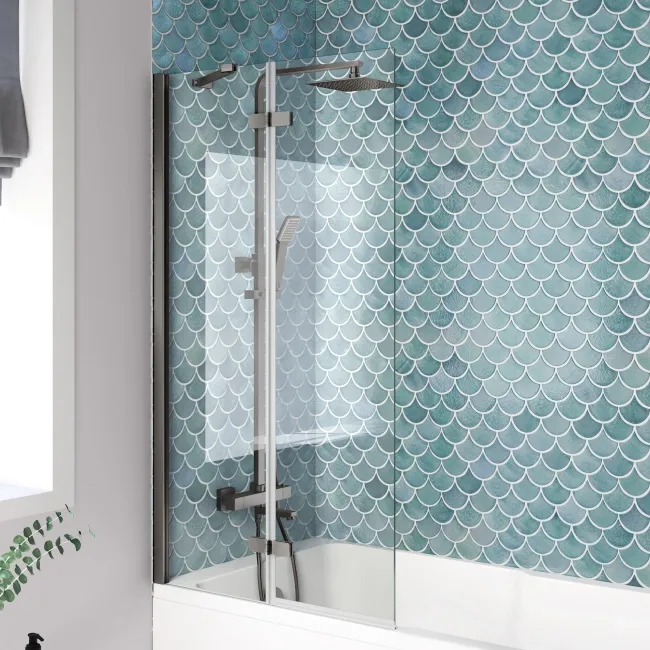 Antigua 1700x750 Keyhole Shower Bath & 6mm Easy Clean Brushed Gunmetal Folding Bath Screen