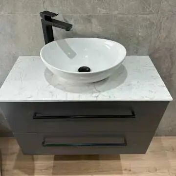 Elba Graphite Grey Wall Hung Drawer Vanity with Marble Top & Oval Counter Top Basin 800mm - Black Accents