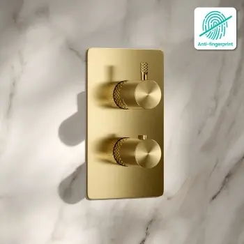 Suir Premium Brushed Brass Round Thermostatic Shower Valve with Knurled Detailing - 2 Outlet
