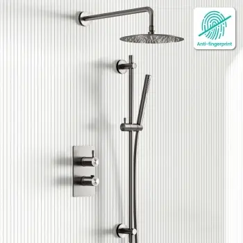 Suir Premium Brushed Gunmetal Round Thermostatic Shower Set with Knurled Detailing