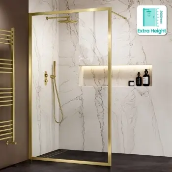 Antwerp Brushed Brass Framed Easy Clean 8mm Wet Room Shower Glass Panel 1200mm