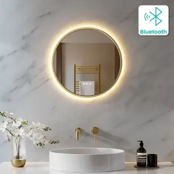 Delilah Brushed Brass Round Backlit LED Mirror With BLUETOOTH Speaker 500mm