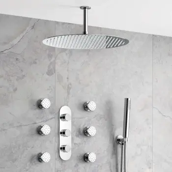 Ballina Premium Ceiling Chrome Round Thermostatic Set - 400mm Head, Hand Shower & Jets