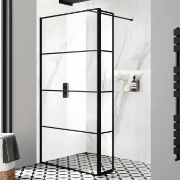 Munich Matt Black Grid 8mm Wet Room Shower Glass 1000mm & 250mm Pivotal Return Panel