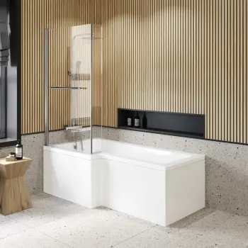 L Shaped 1700 Shower Bath with Front Panel & 6mm Easy Clean Screen with Rail - Left Handed