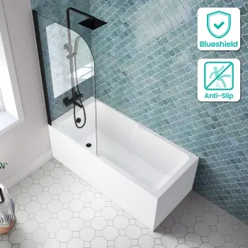 Antigua 1500x750 Keyhole Shower Bath & 6mm Easy Clean Matt Black Bath Screen