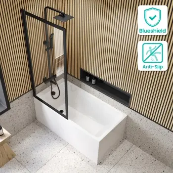 Witney 1400x700 Square Shower Bath & Premium 8mm Easy Clean Matt Black Framed Bath Screen