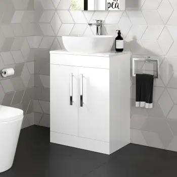 Avon Gloss White Vanity with Marble Top & Curved Counter Top Basin 600mm