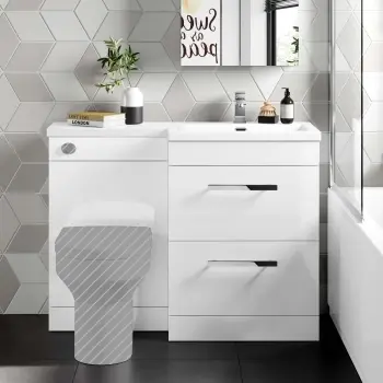 Avon Gloss White Basin Vanity Drawer and Back To Wall Unit 1100mm - Right Handed