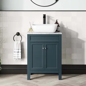 Bermuda Inky Blue Vanity with Marble Top & Curved Counter Top Basin 600mm