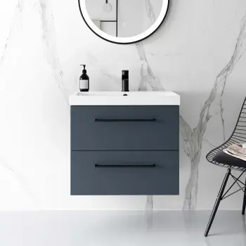 Elba Inky Blue Wall Hung Basin Drawer Vanity 600mm - Black Accents