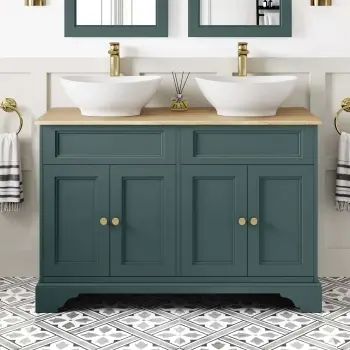 Lucia Midnight Green Double Vanity with Oak Effect Top & Oval Counter Top Basin 1200mm - Brushed Brass Accents