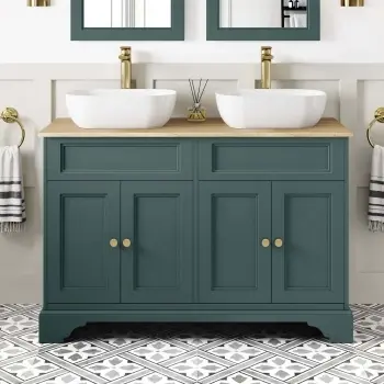 Lucia Midnight Green Double Vanity with Oak Effect Top & Curved Counter Top Basin 1200mm - Brushed Brass Accents