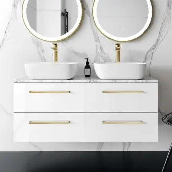 Elba Gloss White Double Wall Hung Drawer Vanity with Marble Top & Curved Basin 1200mm - Brushed Brass Accents