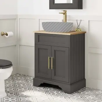 Lucia Graphite Grey Cabinet with Oak Effect Top 640mm (Excludes Counter Top Basin) - Brass Knurled Handles