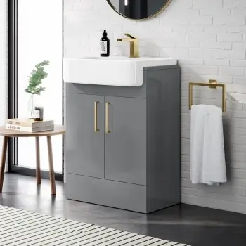 Harper Stone Grey Vanity with Semi Recessed Basin 600mm -Brushed Brass Accents