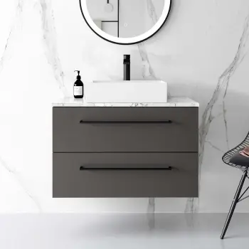 Elba Graphite Grey Wall Hung Drawer Vanity with Marble Top & Cody Basin 800mm - Black Accents