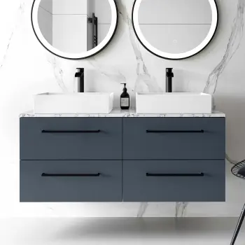 Elba Inky Blue Double Wall Hung Drawer Vanity with Marble Top & Cody Basin 1200mm - Black Accents