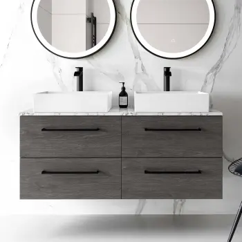 Elba Charcoal Elm Double Wall Hung Drawer Vanity with Marble Top & Cody Basin 1200mm - Black Accents