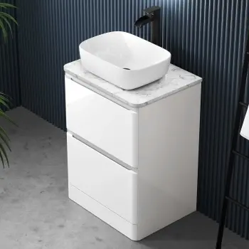 Corsica Gloss White Vanity Drawer with Marble Top & Curved Counter Top Basin 600mm