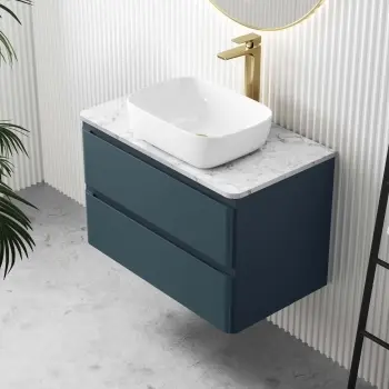 Corsica Inky Blue Wall Hung Drawer Vanity with Marble Top & Curved Counter Top Basin 800mm