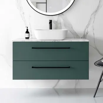 Elba Midnight Green Wall Hung Drawer Vanity with Marble Top & Curved Counter Top Basin 1000mm - Black Accents