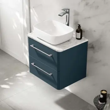 Omaha Navy Blue Wall Hung Drawer Vanity with Marble Top & Curved Counter Top Basin 600mm