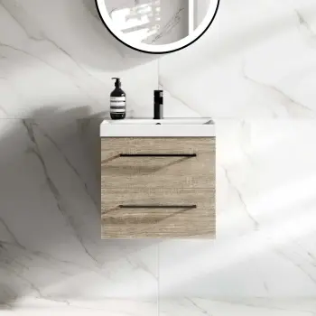 Elba Dawn Oak Wall Hung Basin Drawer Vanity 500mm - Black Accents