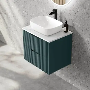 Crete Fluted Mystic Green Wall Hung Drawer Vanity with Marble Top & Curved Basin 600mm
