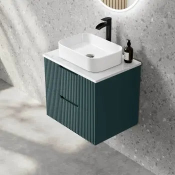 Crete Fluted Mystic Green Wall Hung Drawer Vanity with Marble Top & Marin Basin 600mm